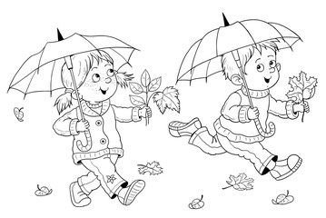 four seasons. Cute boy and girl are playing outdoors. Illustration for children. Coloring book. Cute and funny cartoon characters