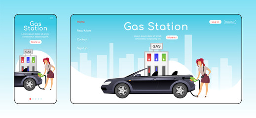 Gas station responsive landing page flat color vector template. Petrol sale network homepage layout. One page website UI with cartoon character. Car refueling adaptive webpage cross platform design