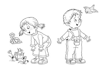 four seasons. Cute boy and girl are playing outdoors. Illustration for children. Coloring book. Cute and funny cartoon characters