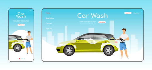 Car wash responsive landing page flat color vector template. Auto cleaning homepage layout. One page website UI with cartoon character. Power washer use adaptive webpage cross platform design