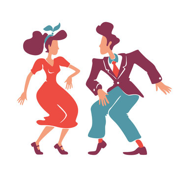Couple dancing rock n roll, jive together flat color vector faceless characters. Old fashioned lady and gentleman. Swing dancers. Retro style woman and man at 1940s disco isolated cartoon illustration