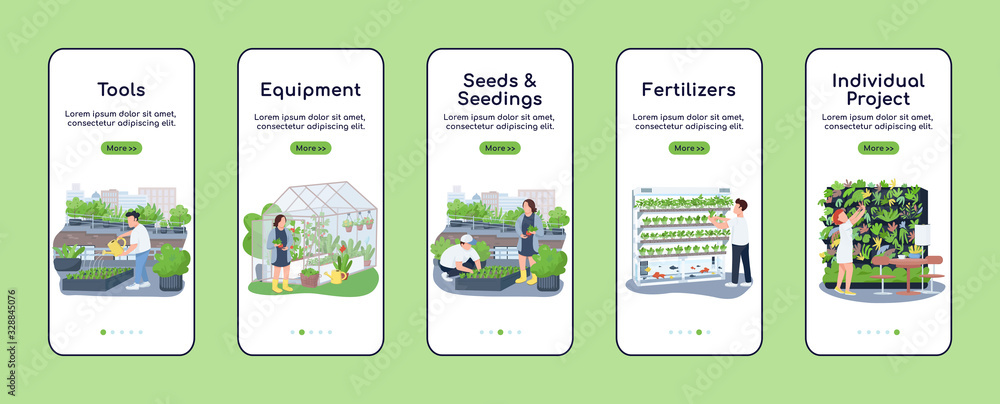 Poster gardening items onboarding mobile app screen flat vector template. garden tools and seedlings. walkt