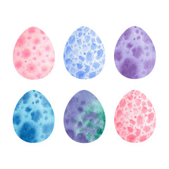Set of multicolored spotted Easter eggs isolated on white background. Collection of hand drawn elements. Painted by watercolor for spring festive decor, greeting cards