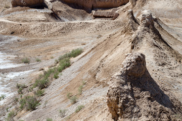 Desert landscape. Ruind of Toprak-Kala fortress (ancient Capital of Khorezm). Karakalpakstan, Uzbekistan, Kyzylkum Desert, Central Asia.