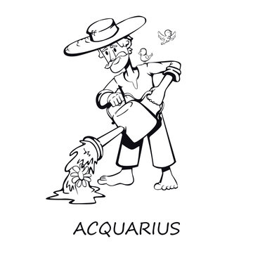 Aquarius zodiac sign man outline cartoon vector illustration. Old farmer watering plants. Ready to use 2d character template for commercial, animation, printing design. Isolated comic hero