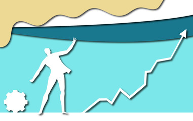 Businessman looking over the arrow, growth chart. Paper cut design background with space for text.