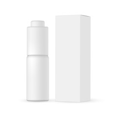Cosmetic bottle with paper box mockup, isolated on white background. Vector illustration