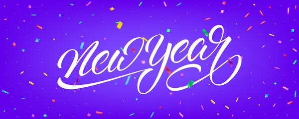 New Year Confetti background vector design. Banner with colorful particles and New Year lettering