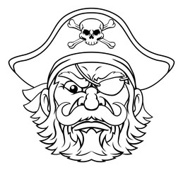 A pirate cartoon character captain mascot face with skull and crossed bones on his tricorne hat