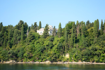 Mon Repo Palace view from the sea, Corfu island.