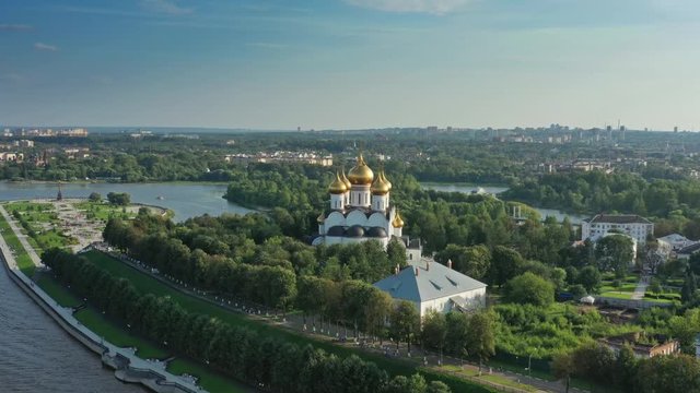 Aerial view of the Assumption Cathedral in Yaroslavl, park Strelka and Volga river, Russia, 4k