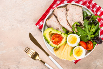 Keto diet plate on white table.