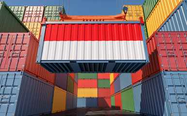 Container Terminal - Freight container with Indonesia flag. 3D Rendering