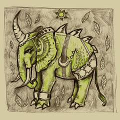 Elephant with horns. Pencil hand drawn ethnic illustration.
