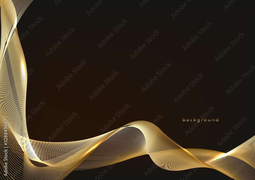 Poster abstract shiny color gold wave design element on dark background.