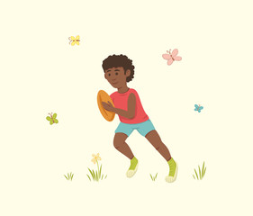 Fototapeta na wymiar African American Boy Running with a Ball for American Football Outdoors