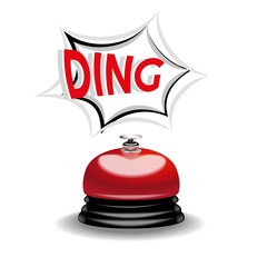 Realistic reception bell and Ding sign in comic book style on white background.