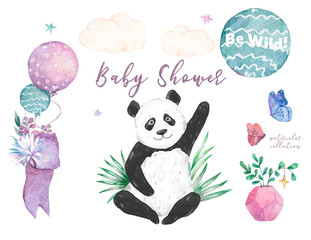 Baby panda collection. Cute little pandas. The illustrations are decorated with floral elements.