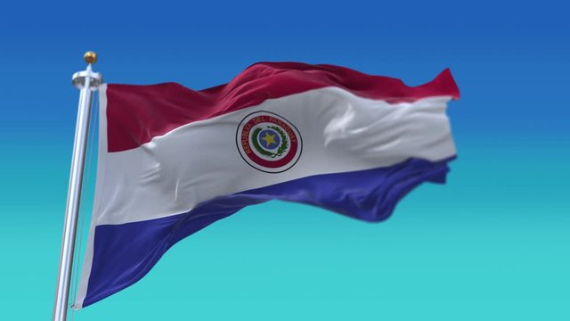 4k Paraguay National flag slow loop seamless waving with visible wrinkles in wind blue sky background.A fully digital rendering-animation loops at 20 seconds.