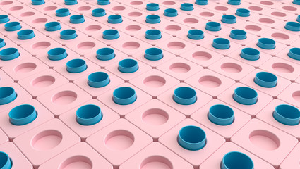 Abstract cubes background with stack of pastel pink in a row perforated cube boxes, 3d rendering