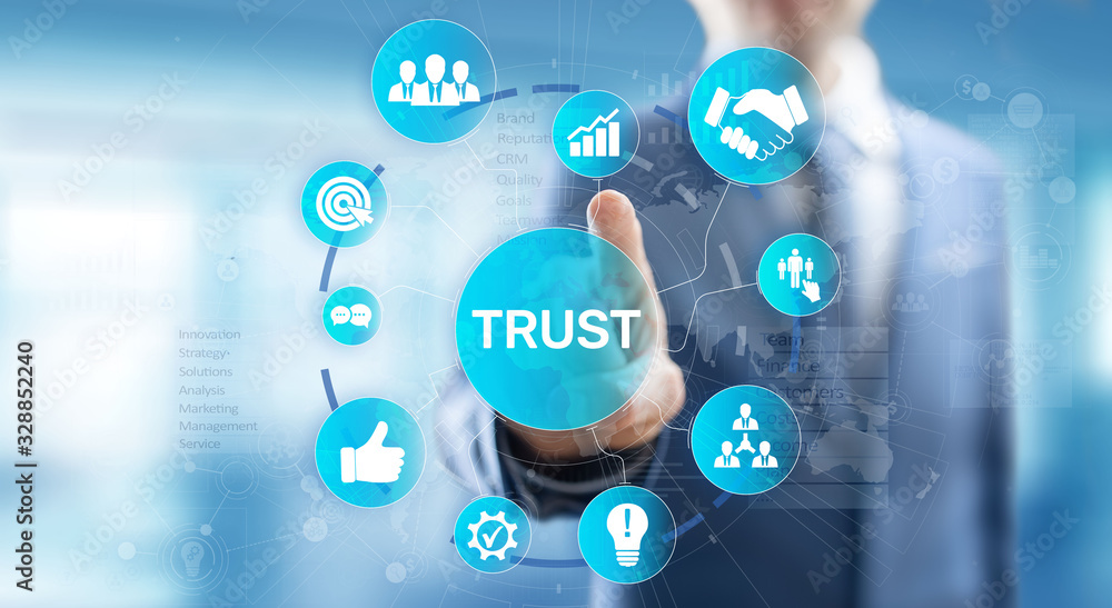 Poster trust customer relations reliability business concept. pointing and pressing on virtual screen.