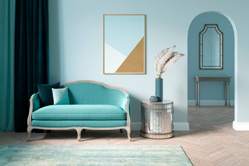 Classic modern living room in fresh colors with a classic sofa, a poster on the wall, a feather in an elegant vase with parquet flooring and a mirror with a pedestal in the background. 3d render