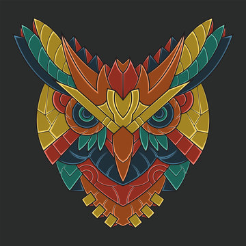 Abstract Colorful Ornament Doodle Mecha Robot Owl Zentangle Art Illustration Cartoon Concept Vector. Suitable For Wallpaper, Banner, Background, Card, Book Illustration, T-Shirt Design, Sticker, etc