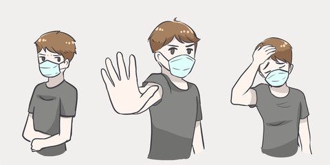 Set of sick man wearing mask concept infection preventing and stop racist kawaii line drawing anime cartoon style vector illustration
