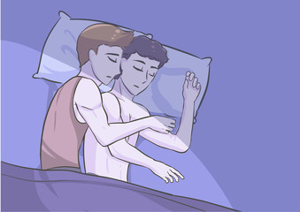 sweet gay men couple cuddling sleeping in bed at night in side view relax position romantic warm touching felling vector illustration in anime cartoon style