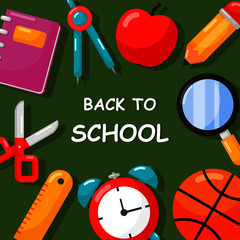 back to school banner. education items card, poster and template on blackboard background. vector Illustration.