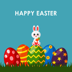 happy easter day card, template and banner on blue background. vector Illustration. 