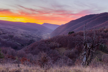 Burning sky before sunset above valley of Dojkinci village on the Old mountain, Serbia and curvy mountain road
