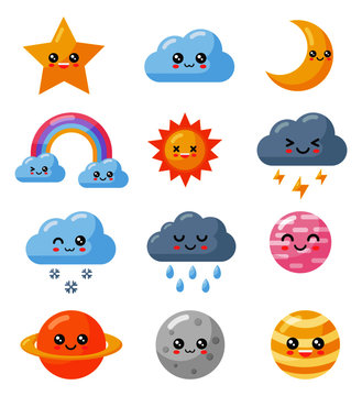 weather icons set cartoon style isolated on white background. vector illustration.