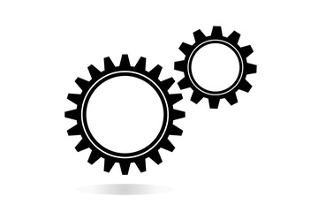 Machine Cogwheels, Black And White Vector Flat Icon. Two Gear Wheels, Cogs, Clockwork Round Details. Business Concept Element For Infographics Poster. Can Be Combined Into Mechanism By Changing Size.