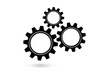 Machine Cogwheels, Black And White Vector Flat Icon. Three Gear Wheels, Cogs, Clockwork Details. Business Concept Elements For Infographics Poster. Can Be Combined Into Mechanism By Changing Size.