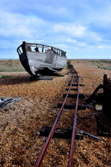 A Derelict Boat with Rail Track at Dungeness
