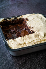 Frosting Chocolate Peanut Butter Cake Brownie in Square Mold.