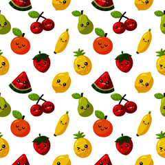 seamless pattern kawaii cartoon fruit on white background. vector Illustration.