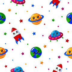 seamless pattern cute funny kawaii space. planets cartoon style isolated on white background. vector Illustration.