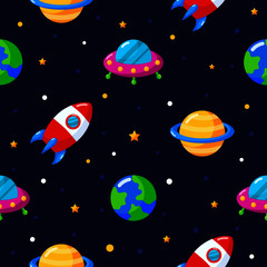 Naklejka premium seamless pattern cartoon space. planets isolated on blue background.
