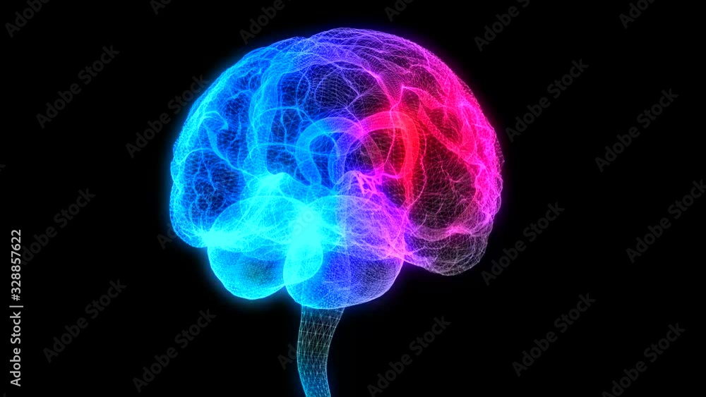 Poster rotating human brain. glowing blue light line of human brain model. seamless looping motion animated