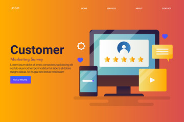 Customer survey, market research, customer review and rating, business evaluation concept. Flat design web banner, landing page template.