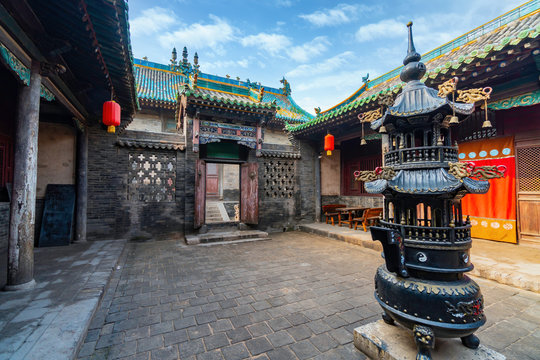 Inner courtyards where monks studied and burned incense on incensory. The God of Wealth Temple (Cheng Huang Temple), Pingyao Ancient City, Shanxi province, China