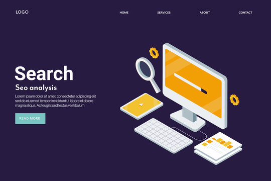 Seo analysis, digital marketing data monitoring, search optimization, search result, content marketing for online business concept. Isometric design, web banner template.