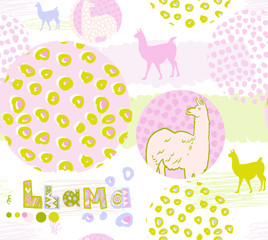 seamless pink pattern with llamas silhouettes in pink and green colors. fun design for girl with llama lettering, hand-drawn with spots, circles, and irregular dots in soft colors
