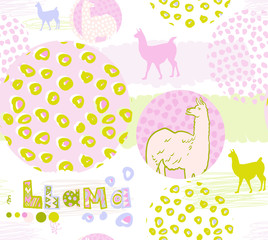 seamless pink pattern with llamas silhouettes in pink and green colors. fun design for girl with llama lettering, hand-drawn with spots, circles, and irregular dots in soft colors
