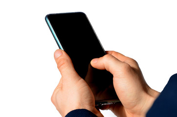 Close-up arm holding mobile phone isolated on white background, business, your text here