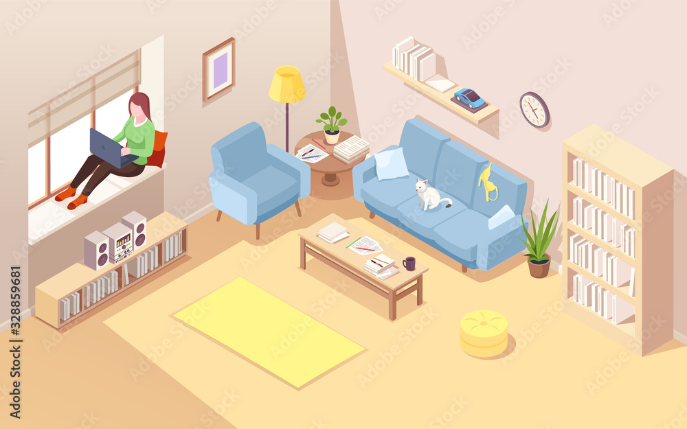 Poster freelancer on windowsill using notebook for doing remote job. isometric vector living room with woma