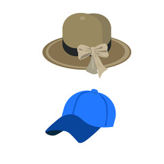 Vector isolated beach hat with brim and bow.  Vector isolated blue summer cap on a white background.  summer hats.