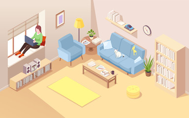 Freelancer on windowsill using notebook for doing remote job. Isometric vector living room with woman near window working at laptop. Home office for female business concept. Comfortable workplace